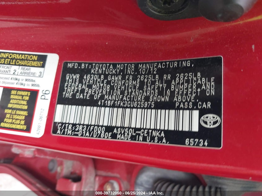 2012 Toyota Camry Se/Le/Xle VIN: 4T1BF1FK3CU625975 Lot: 39732050
