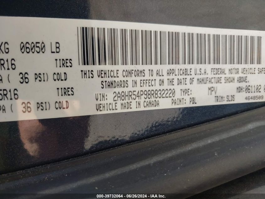 2008 Chrysler Town & Country Touring VIN: 2A8HR54P98R832220 Lot: 39732064