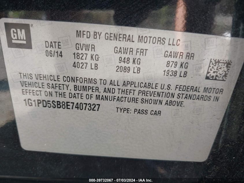 2014 Chevrolet Cruze Lt VIN: 1G1PD5SB8E7407327 Lot: 39732067