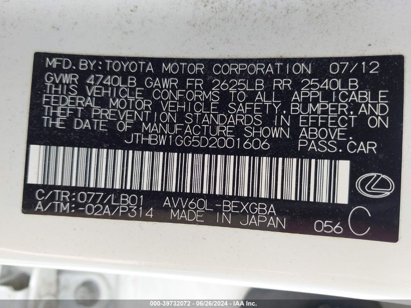 2013 Lexus Es 300H VIN: JTHBW1GG5D2001606 Lot: 39732072