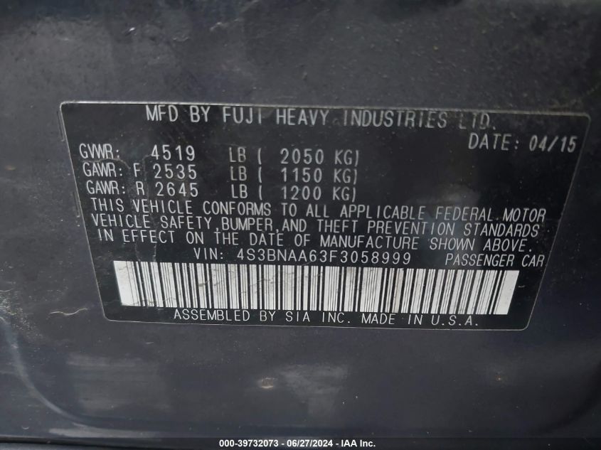 2015 Subaru Legacy 2.5I VIN: 4S3BNAA63F3058999 Lot: 39732073