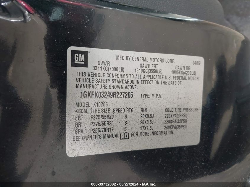 2009 GMC Yukon Denali VIN: 1GKFK03249R227206 Lot: 39732082