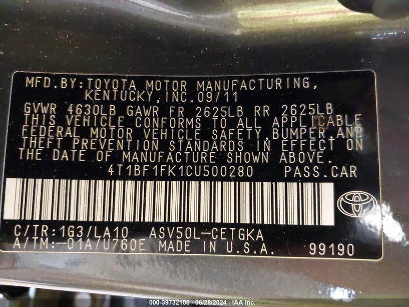 2012 Toyota Camry Xle VIN: 4T1BF1FK1CU500280 Lot: 39732105