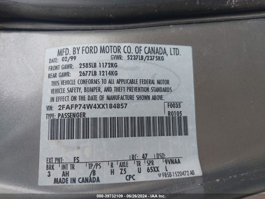 1999 Ford Crown Victoria Lx VIN: 2FAFP74W4XX184857 Lot: 39732109