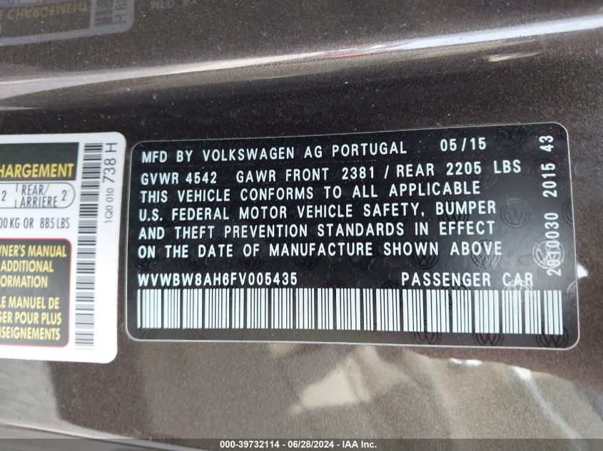 2015 Volkswagen Eos Komfort Edition VIN: WVWBW8AH6FV005435 Lot: 39732114