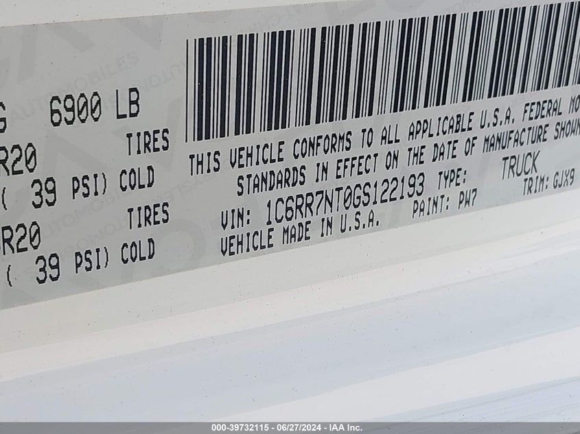 2016 Ram 1500 Laramie VIN: 1C6RR7NT0GS122193 Lot: 39732115