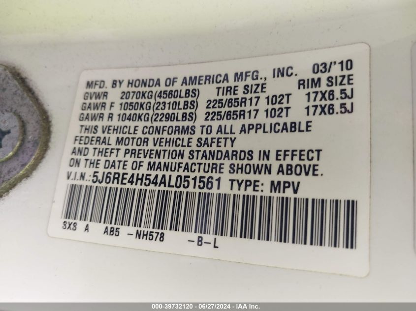 2010 Honda Cr-V Ex VIN: 5J6RE4H54AL051561 Lot: 39732120
