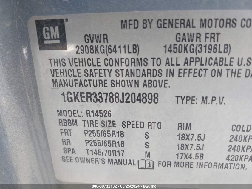 2008 GMC Acadia Slt-2 VIN: 1GKER33788J204898 Lot: 39732132