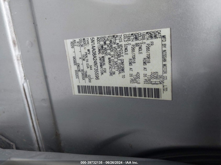 2004 Nissan Pathfinder Armada Se VIN: 5N1AA08A24N735596 Lot: 39732135