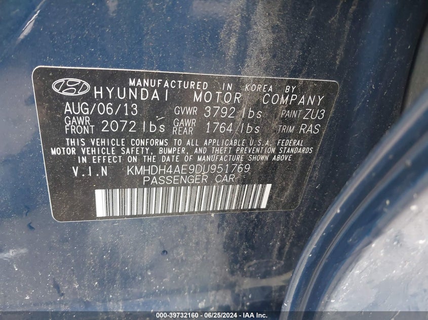 2013 Hyundai Elantra Gls VIN: KMHDH4AE9DU951769 Lot: 39732160