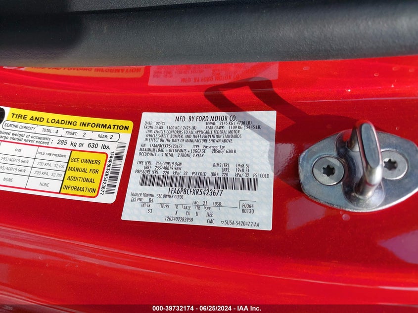 VIN 1FA6P8CFXR5423677 2024 FORD MUSTANG GT