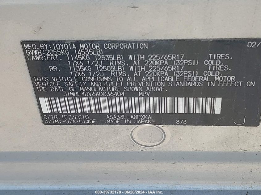 2010 Toyota Rav4 VIN: JTMBF4DV6AD036404 Lot: 39732178