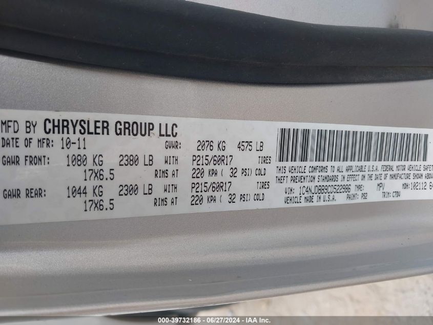 2012 Jeep Compass Sport VIN: 1C4NJDBB9CD522986 Lot: 39732186