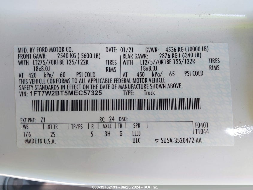 2021 Ford F250 Super Duty VIN: 1FT7W2BT5MEC57325 Lot: 39732191