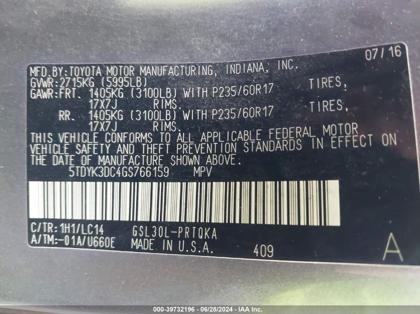 2016 Toyota Sienna Xle 8 Passenger VIN: 5TDYK3DC4GS766159 Lot: 39732196