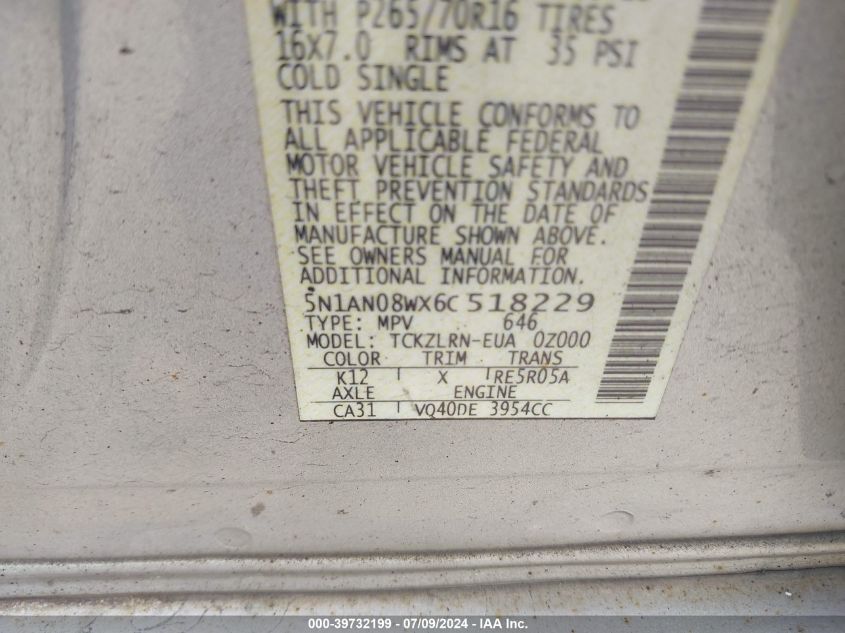 2006 Nissan Xterra S VIN: 5N1AN08WX6C518229 Lot: 39732199