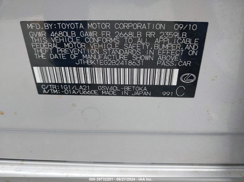 2011 Lexus Es 350 VIN: JTHBK1EG2B2418631 Lot: 39732201