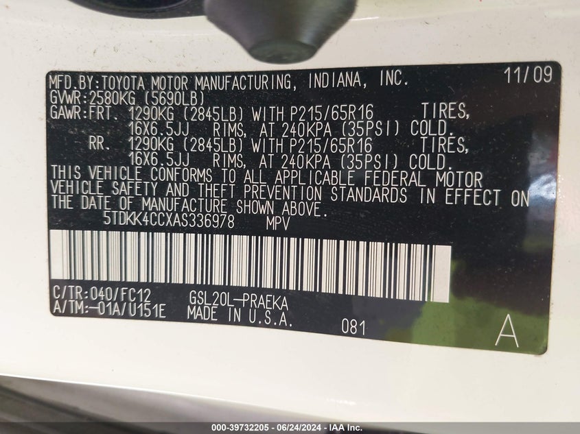 2010 Toyota Sienna Le VIN: 5TDKK4CCXAS336978 Lot: 39732205