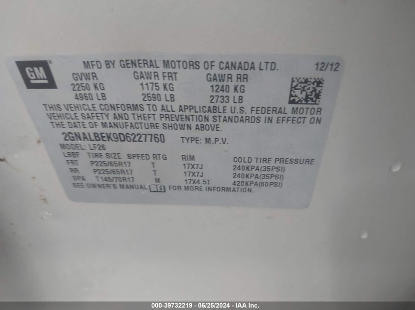 2013 Chevrolet Equinox Ls VIN: 2GNALBEK9D6227760 Lot: 39732219