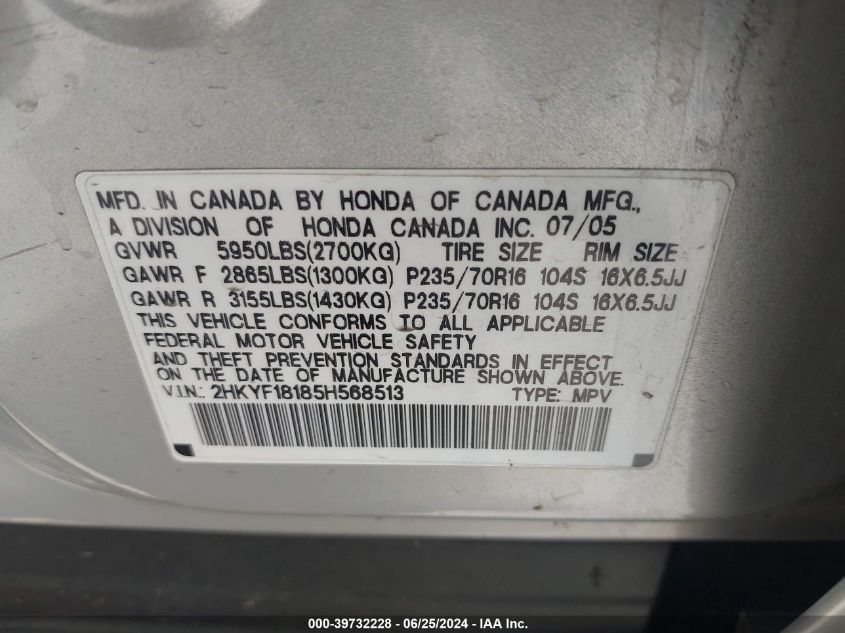 2005 Honda Pilot Lx VIN: 2HKYF18185H568513 Lot: 39732228
