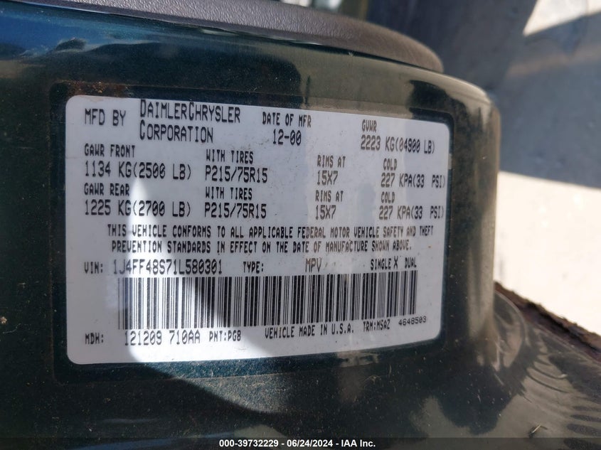 2001 Jeep Cherokee Sport VIN: 1J4FF48S71L580301 Lot: 39732229