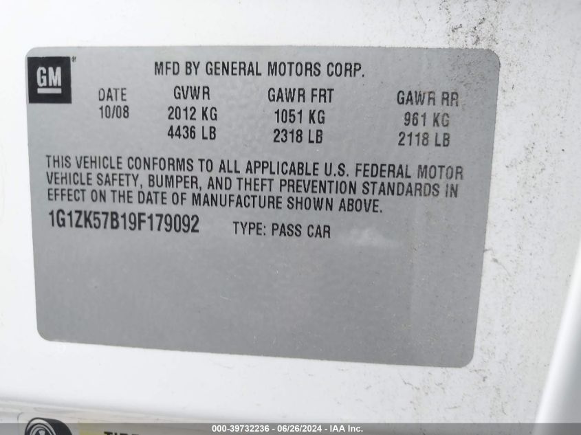 2009 Chevrolet Malibu Ltz VIN: 1G1ZK57B19F179092 Lot: 39732236