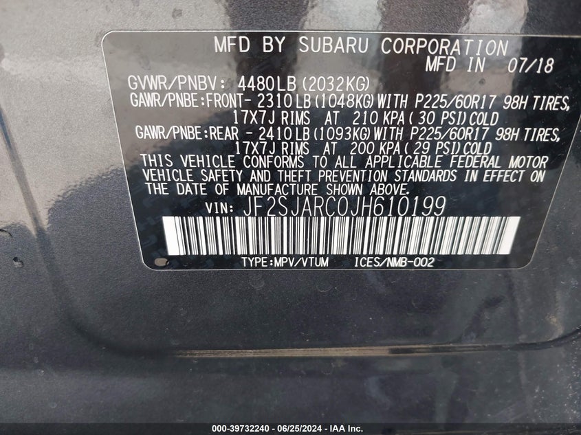 VIN JF2SJARC0JH610199 2018 SUBARU FORESTER 2.5I LIMITED