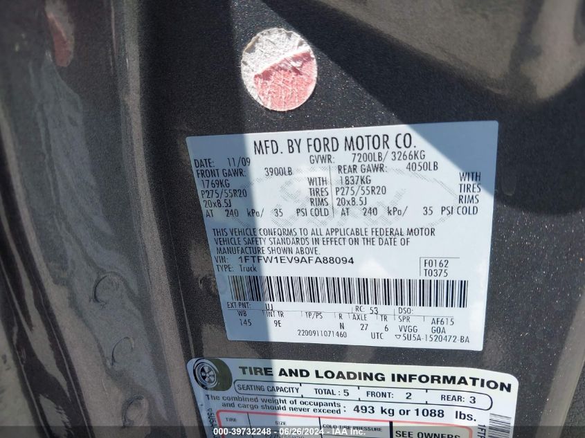 2010 Ford F-150 Supercrew VIN: 1FTFW1EV9AFA88094 Lot: 39732248