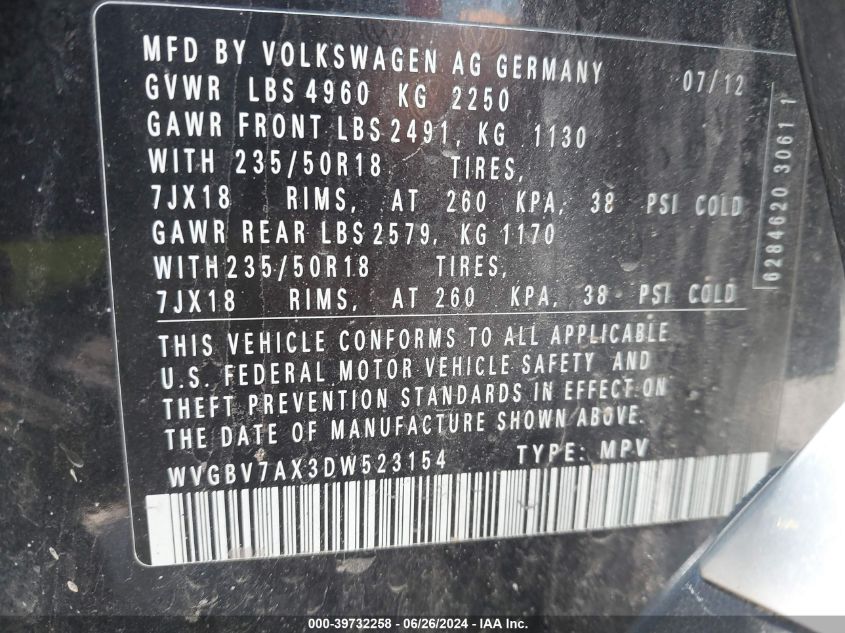 2013 Volkswagen Tiguan S/Se/Sel VIN: WVGBV7AX3DW523154 Lot: 39732258