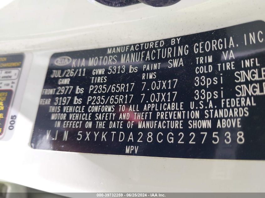 2012 Kia Sorento Lx V6 VIN: 5XYKTDA28CG227538 Lot: 39732259