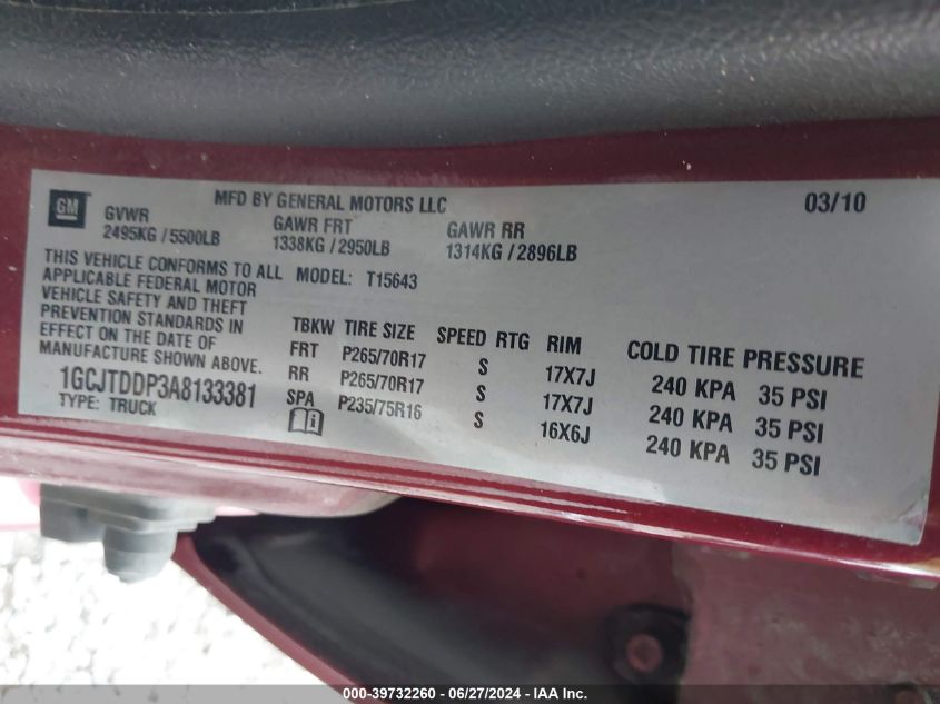 2010 Chevrolet Colorado 2Lt VIN: 1GCJTDDP3A8133381 Lot: 39732260