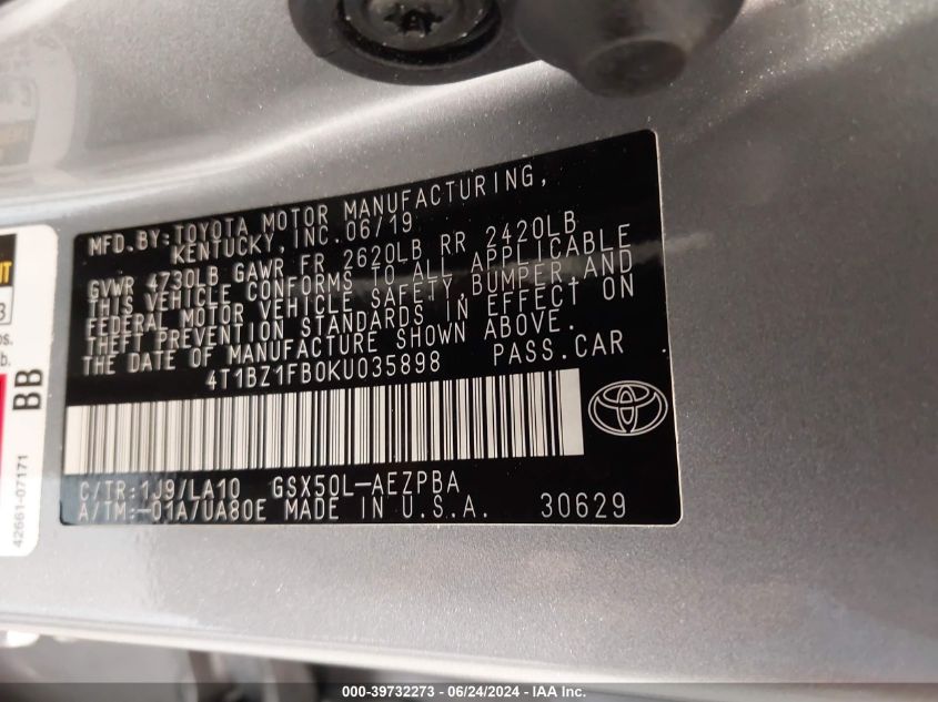 2019 Toyota Avalon Limited VIN: 4T1BZ1FB0KU035898 Lot: 39732273