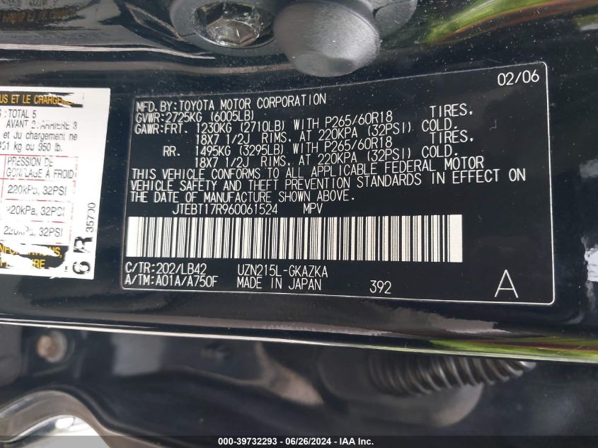 2006 Toyota 4Runner Limited VIN: JTEBT17R960061524 Lot: 39732293