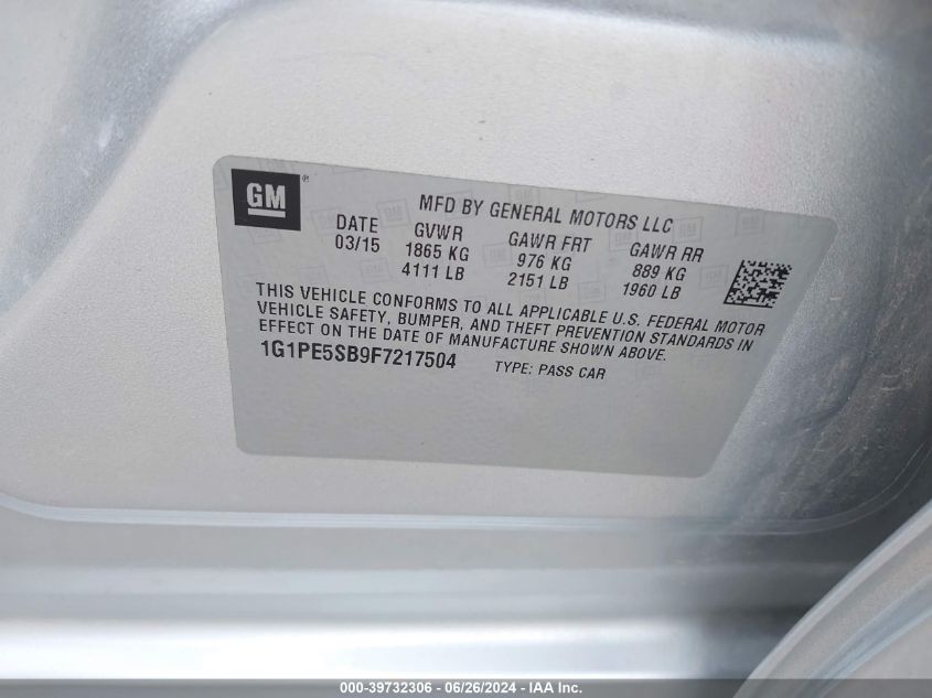2015 Chevrolet Cruze Lt VIN: 1G1PE5SB9F7217504 Lot: 39732306