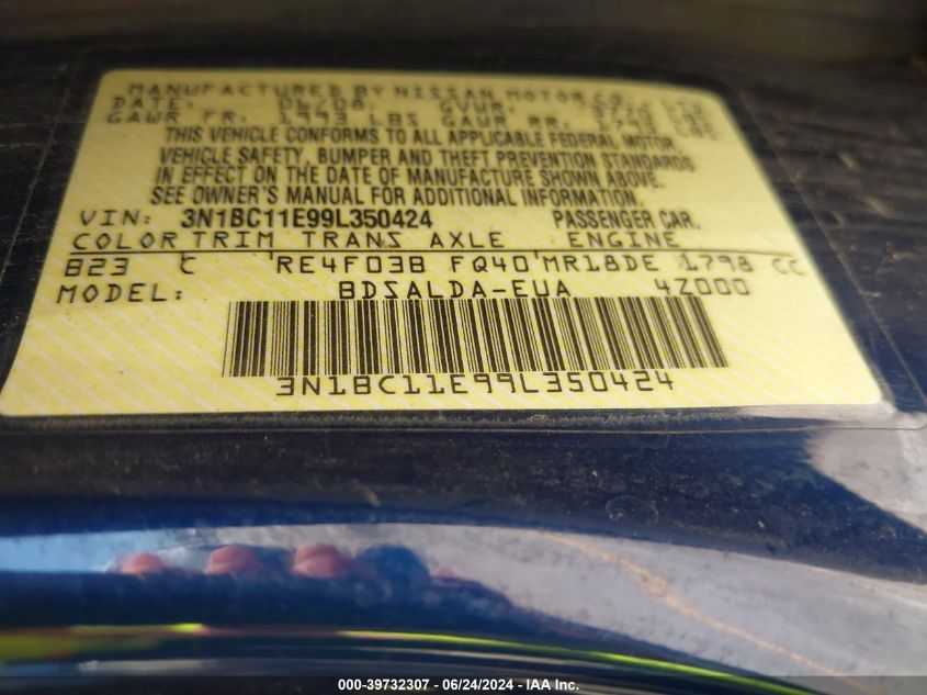 2009 Nissan Versa 1.8S VIN: 3N1BC11E99L350424 Lot: 39732307