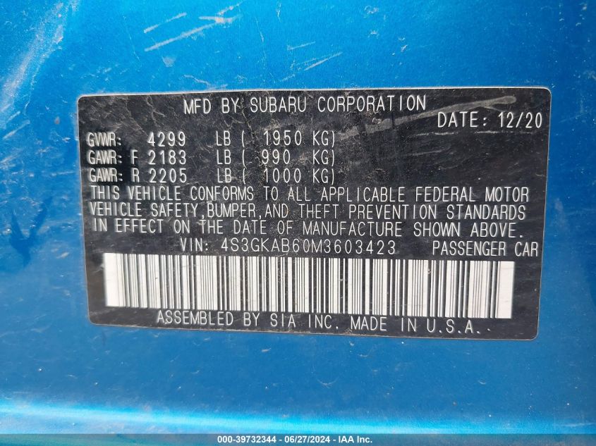 2021 Subaru Impreza Sedan VIN: 4S3GKAB60M3603423 Lot: 39732344