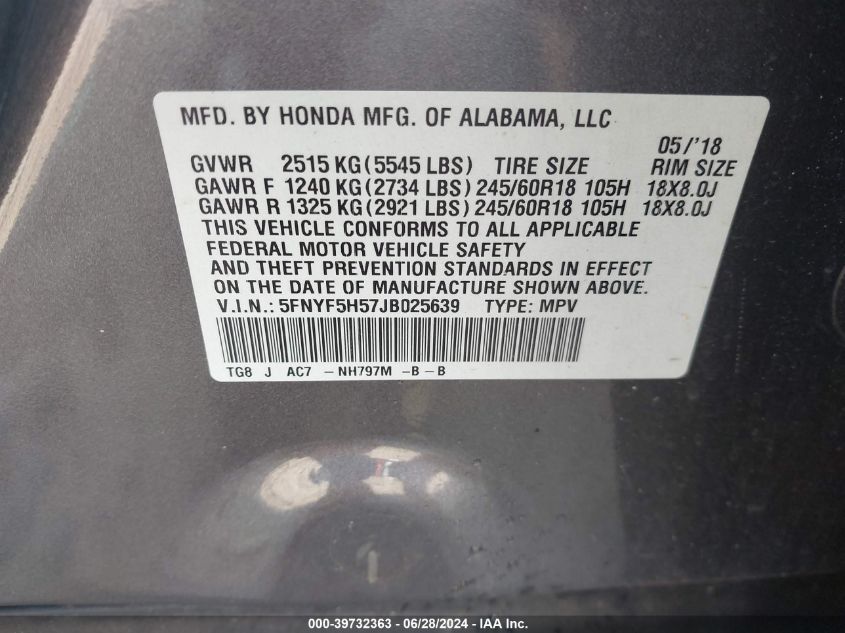 5FNYF5H57JB025639 2018 Honda Pilot Ex-L