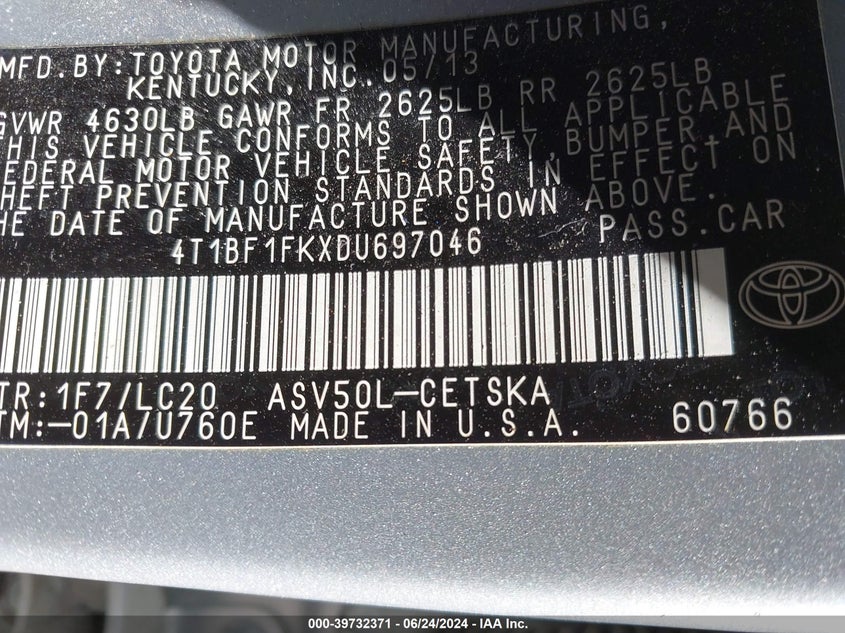 2013 Toyota Camry Se VIN: 4T1BF1FKXDU697046 Lot: 39732371