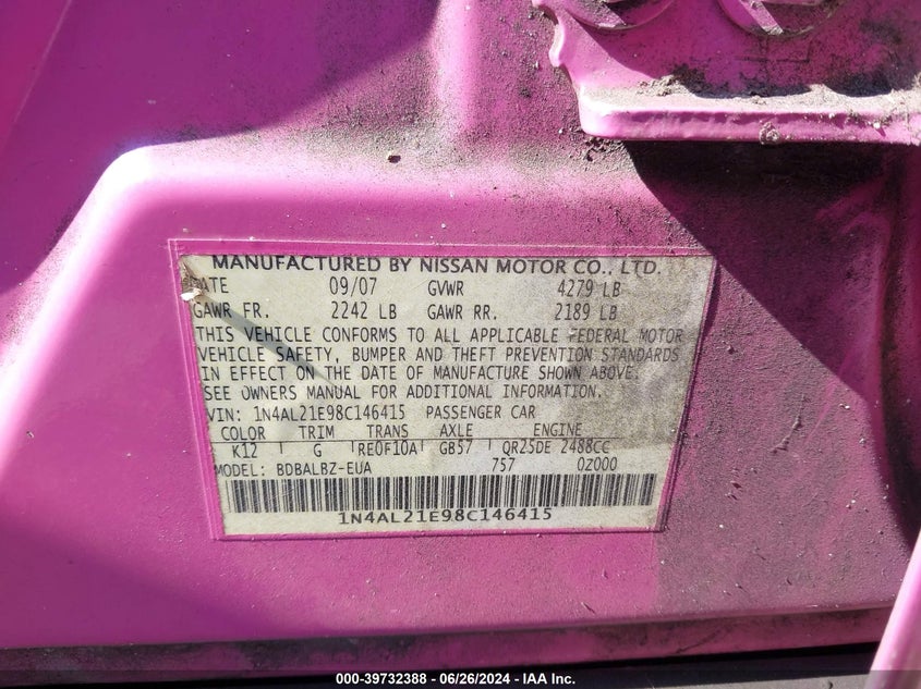 2008 Nissan Altima 2.5/2.5S VIN: 1N4AL21E98C146415 Lot: 39732388
