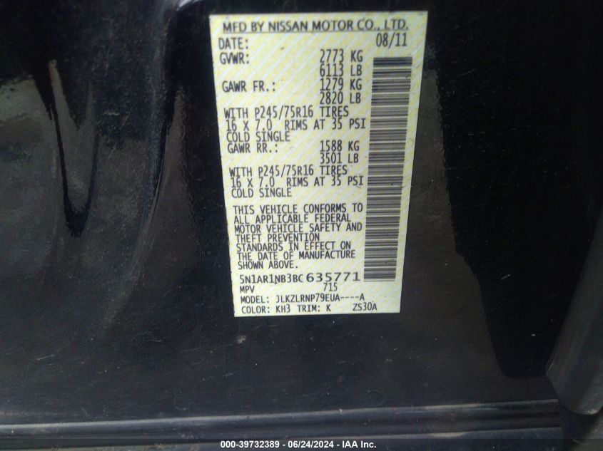 2011 Nissan Pathfinder S VIN: 5N1AR1NB3BC635771 Lot: 39732389