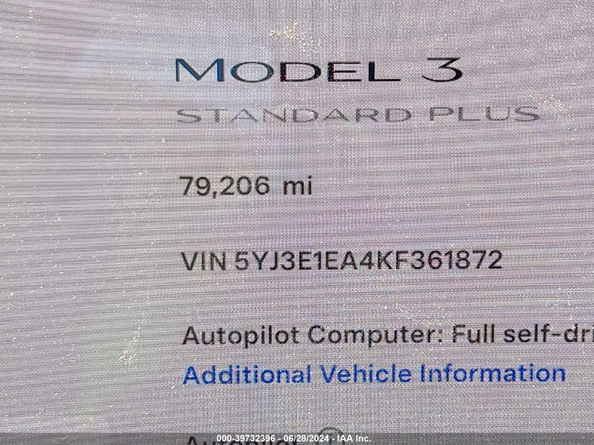 2019 Tesla Model 3 Long Range/Mid Range/Standard Range/Standard Range Plus VIN: 5YJ3E1EA4KF361872 Lot: 39732396