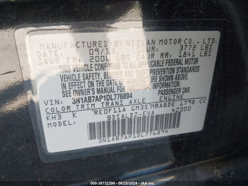 2013 Nissan Sentra Sv VIN: 3N1AB7AP1DL776894 Lot: 39732398