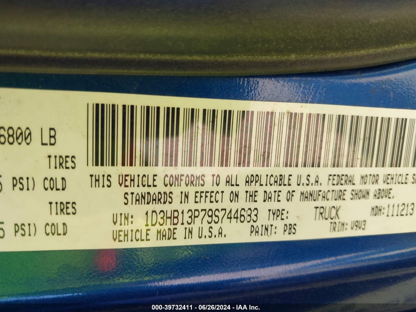 2009 Dodge Ram 1500 Slt/Sport/Trx VIN: 1D3HB13P79S744683 Lot: 39732411