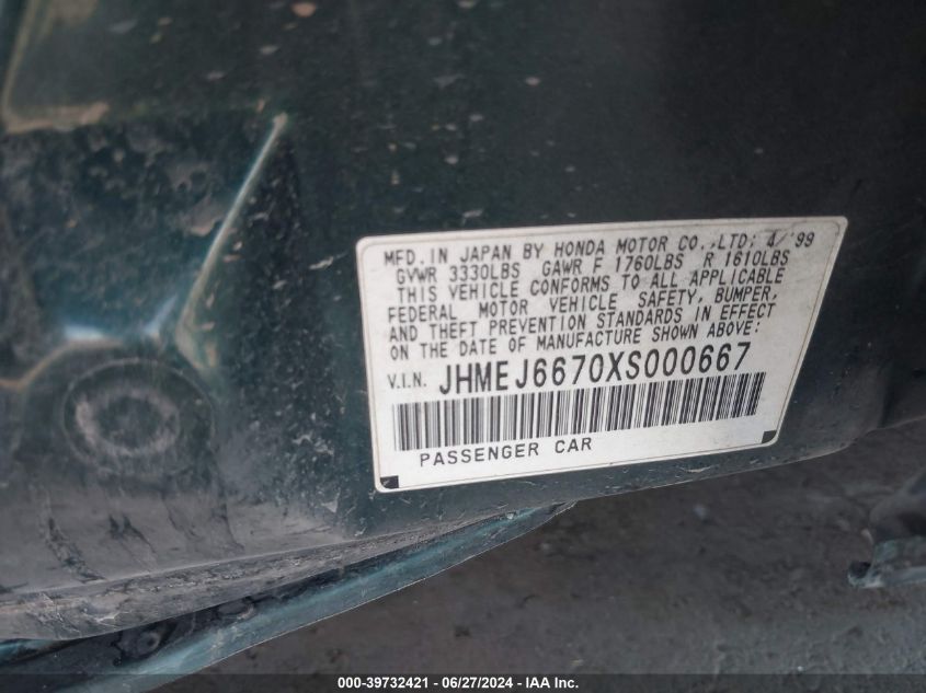 1999 Honda Civic Lx VIN: JHMEJ6670XS000667 Lot: 39732421