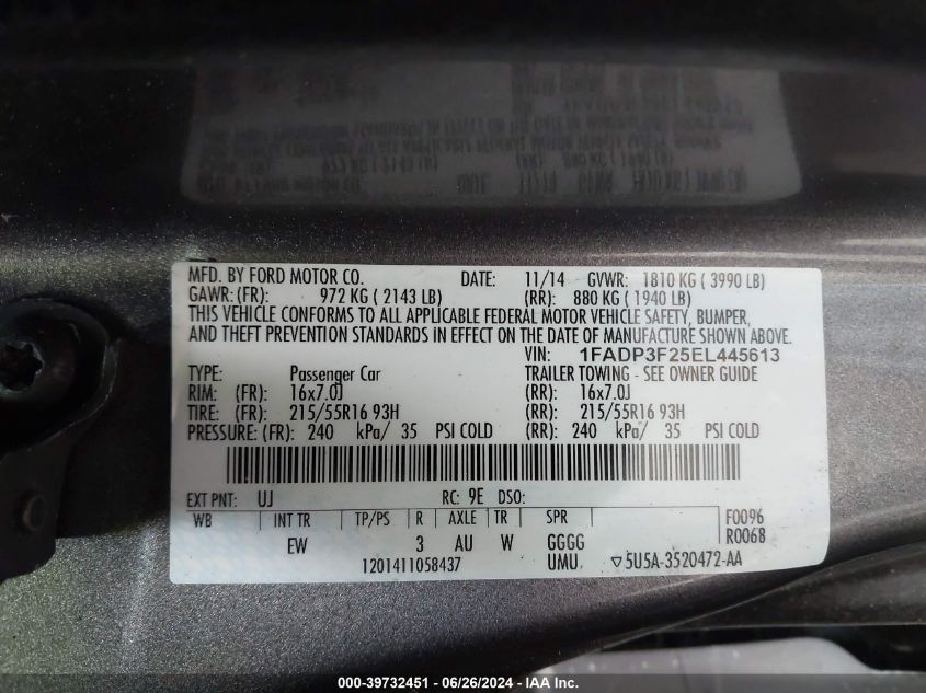 2014 Ford Focus Se VIN: 1FADP3F25EL445613 Lot: 39732451