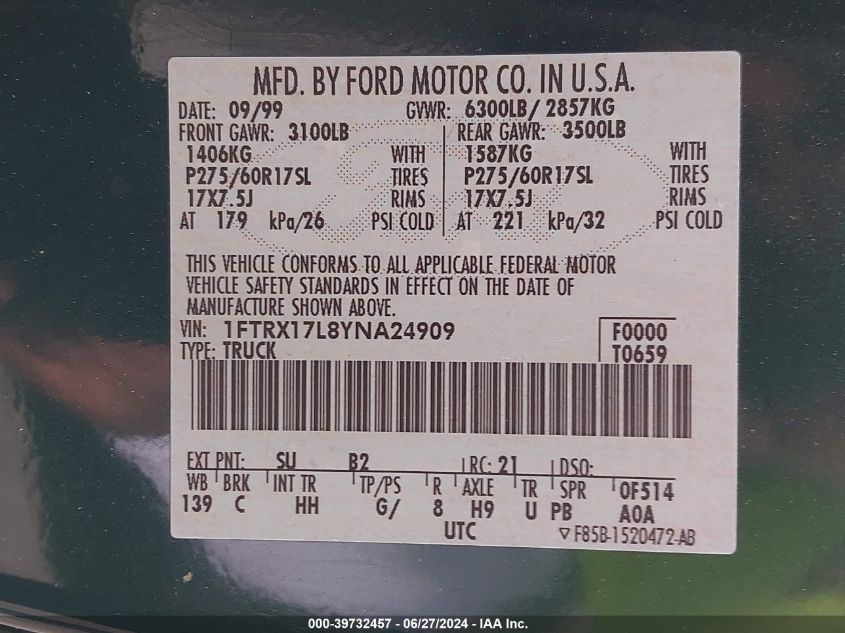 2000 Ford F-150 VIN: 1FTRX17L8YNA24909 Lot: 39732457