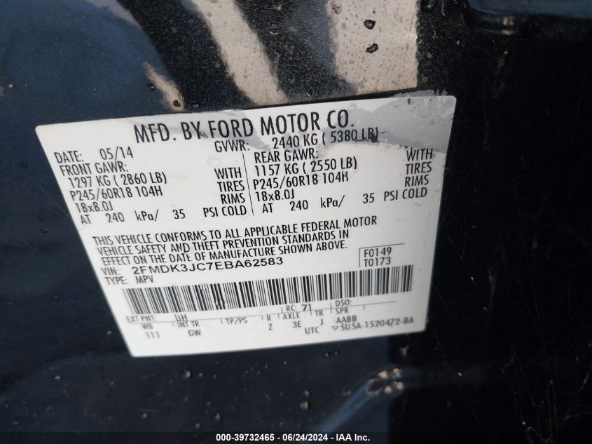 2014 Ford Edge Sel VIN: 2FMDK3JC7EBA62583 Lot: 39732465