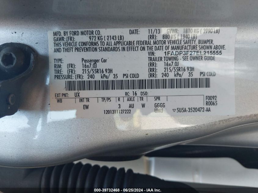 2014 Ford Focus Se VIN: 1FADP3F27EL215555 Lot: 39732468