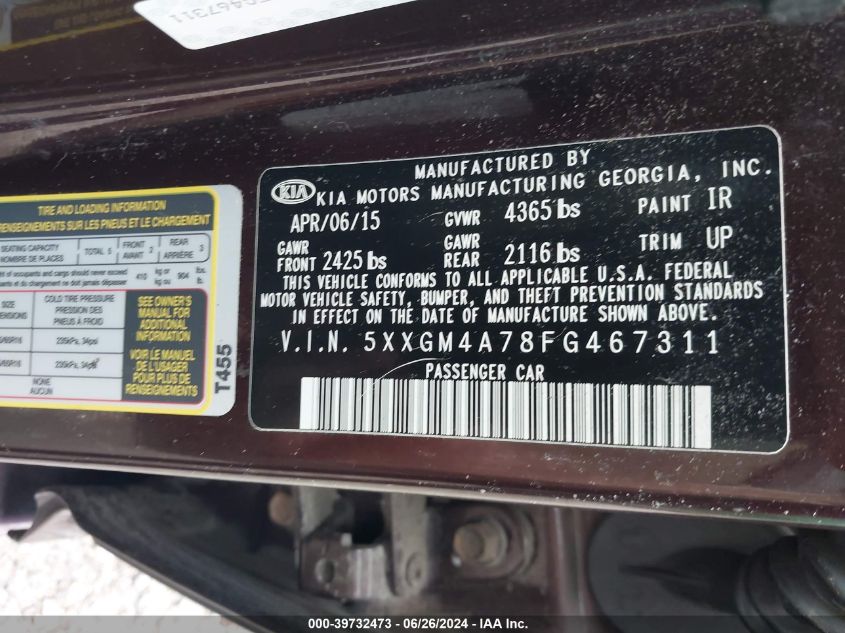 2015 Kia Optima Lx VIN: 5XXGM4A78FG467311 Lot: 39732473
