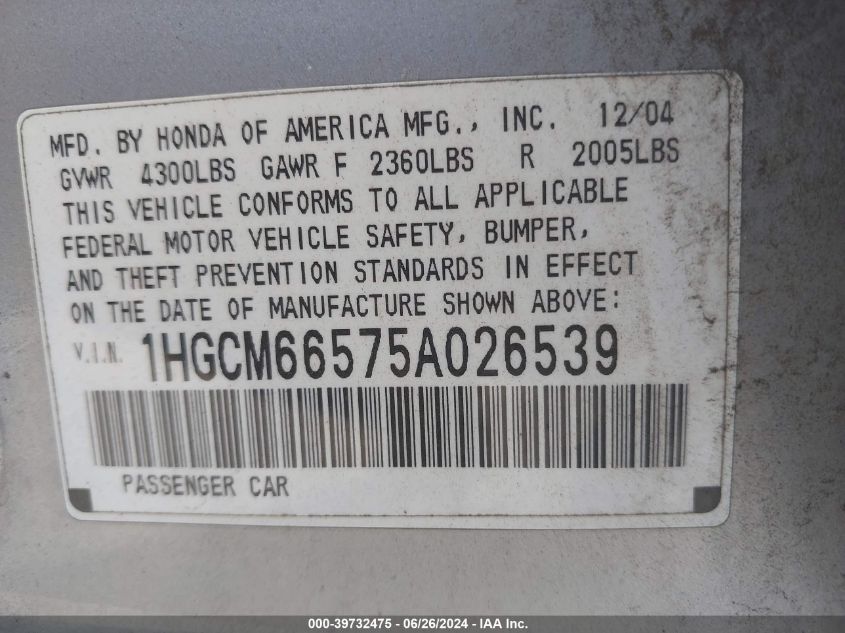 2005 Honda Accord Ex VIN: 1HGCM66575A026539 Lot: 39732475